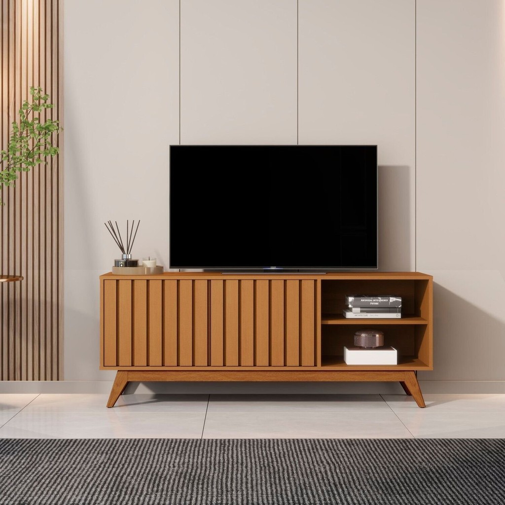 Rack para TV até 60 Polegadas 140cm 100% MDF Pés Madeira Maciça Nature em Oferta na Shopee