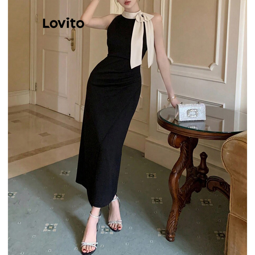 Detalhes do (KOL‘s pick) Lovito Vestido Elegante Vestido Colorblock Liso Para Mulheres L91AD171