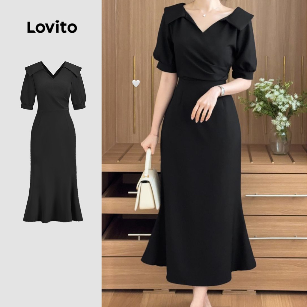 Lovito Vestido Elegante Liso Plissado Para Mulheres L133ED1052 - Women Clothes