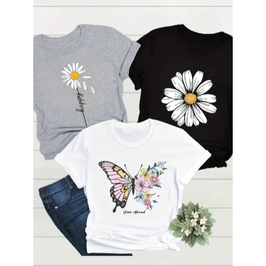 Kit 3 Tshirts blusas de algodão Camisetas Femininas Casuais com Estampa de Flores e Borboletas em Oferta na Shopee