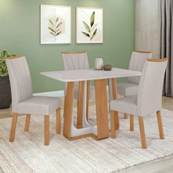 Conjunto Sala de Jantar Mesa Easy Pop 120x80cm Tampo Vidro/MDF com 4 Cadeiras Confort Linho Cinza Amendoa/off