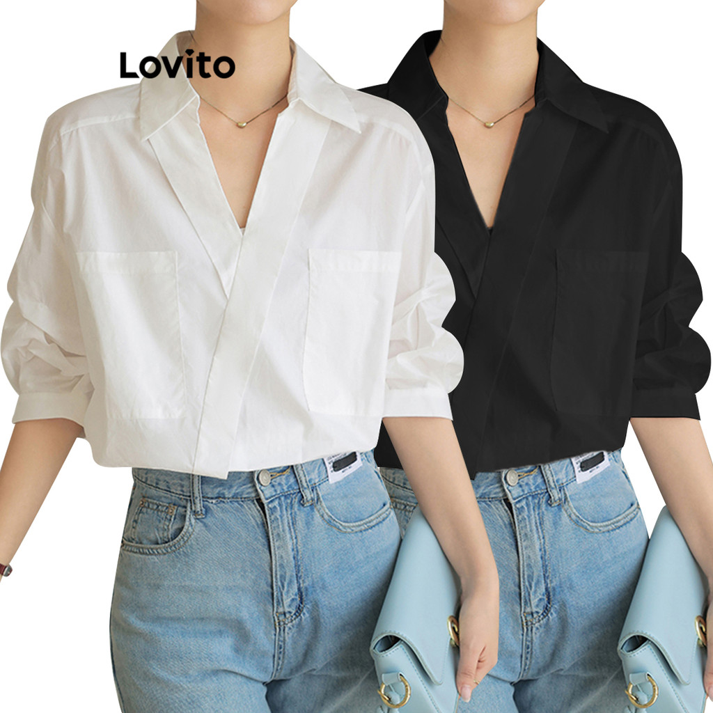Lovito Blusa Casual De Verão Com Bolso Assimétrico Para Mulheres LNE29139 (Branco) - Women Clothes