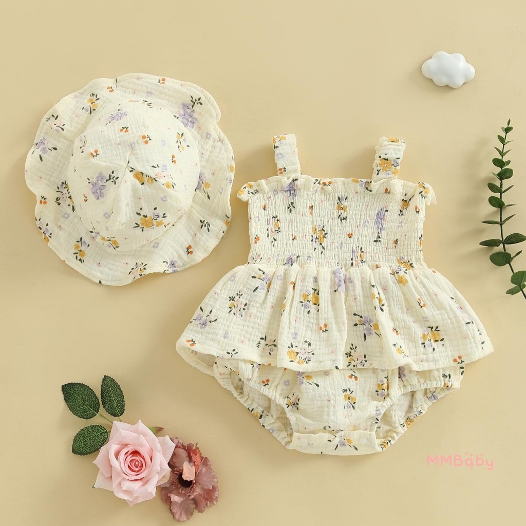 Mbaby-Baby Girl Floral Romper Vestido Smocked Sem Mangas Ruffle Bodysuit Com Chapéu De Sol 2 Peças Roupa De Verão em Oferta na Shopee