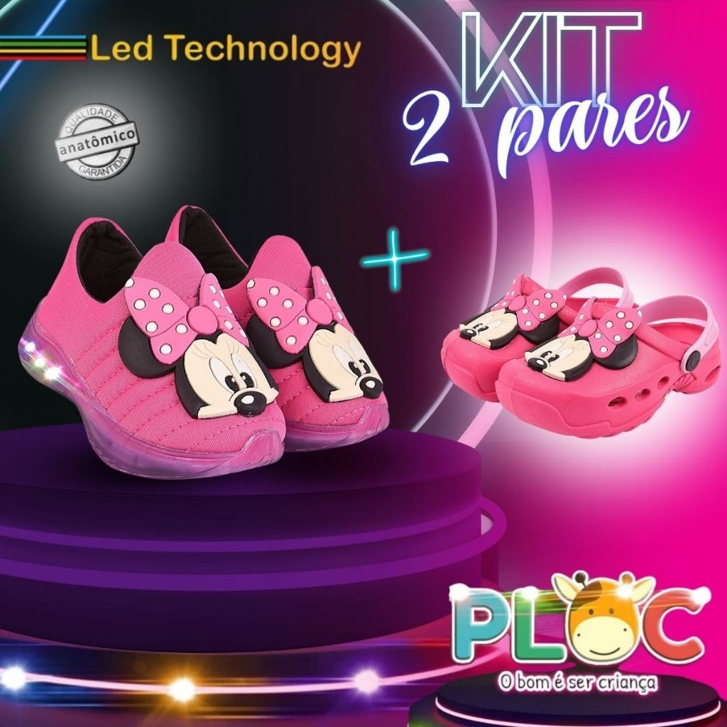 KIT 2 PARES PLOC - 1 TÊNIS LED + 1 BABUCHE MINNIE POÁ PINK (LED03 PINK + BAB03 PINK)