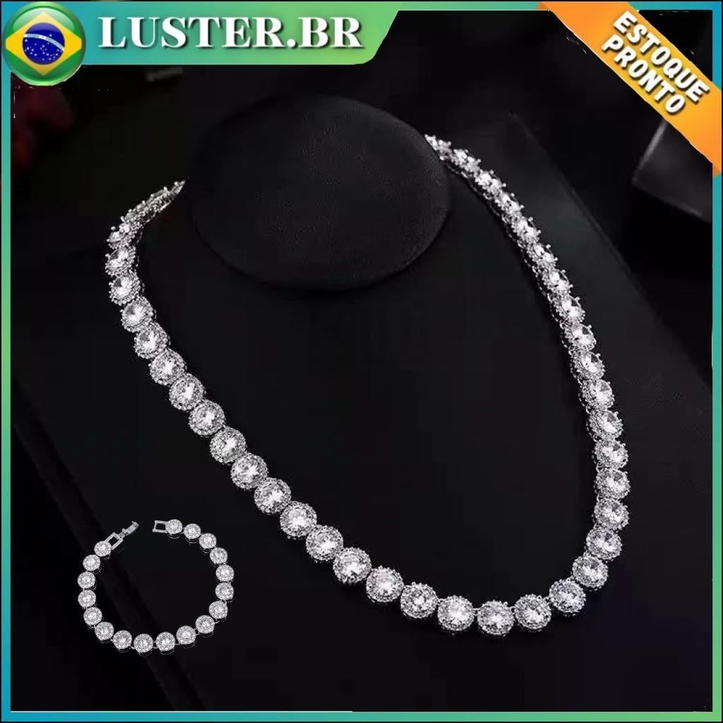 Conjunto de joias super flash, elegante e luxuoso, cubano de alta qualidade, redondo, com colar e pulseira de diamantes em Oferta na Shopee
