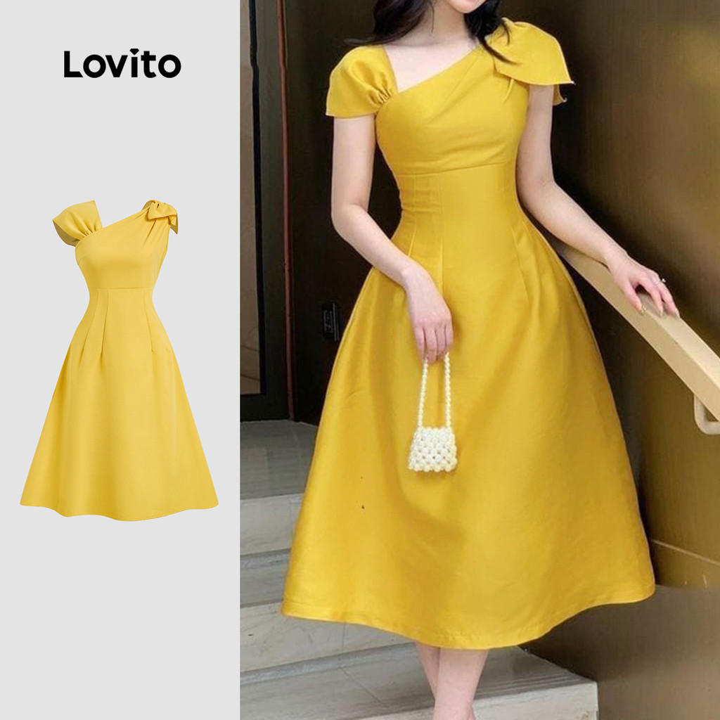 Lovito Elegante Liso Assimétrico Plissado Estrutura Linha Verão Primavera Vestido Amarelo Para Mulheres L135ED157 - Women Clothes