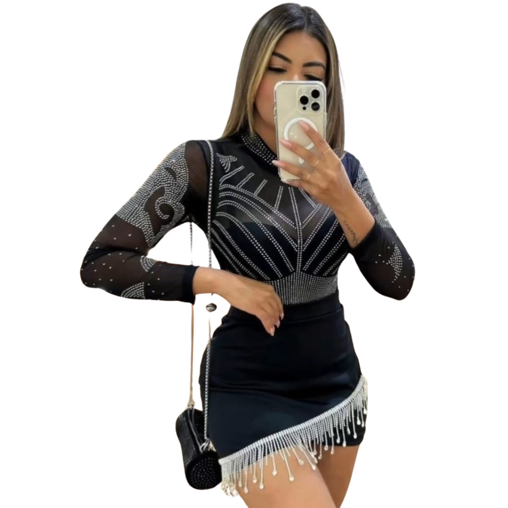 Conjunto Feminino Cropped e Saia Com Franja Strass Brilho