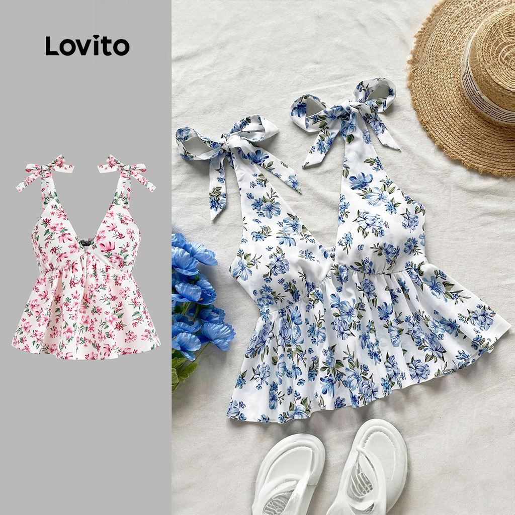 Lovito Boho Top Ditsy Floral Lace Up Regata De Verão Para Mulheres L99ED686 - Women Clothes