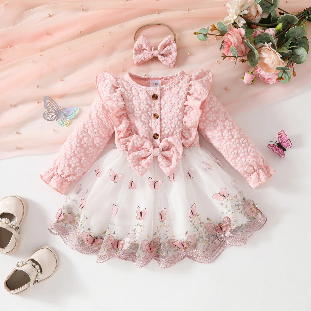 Adorável Bebê Meninas 3D Borboleta Manga Comprida Babados Malha Patchwork Vestido Fofo E Charmoso Para Roupas Infantis D — imagem 1