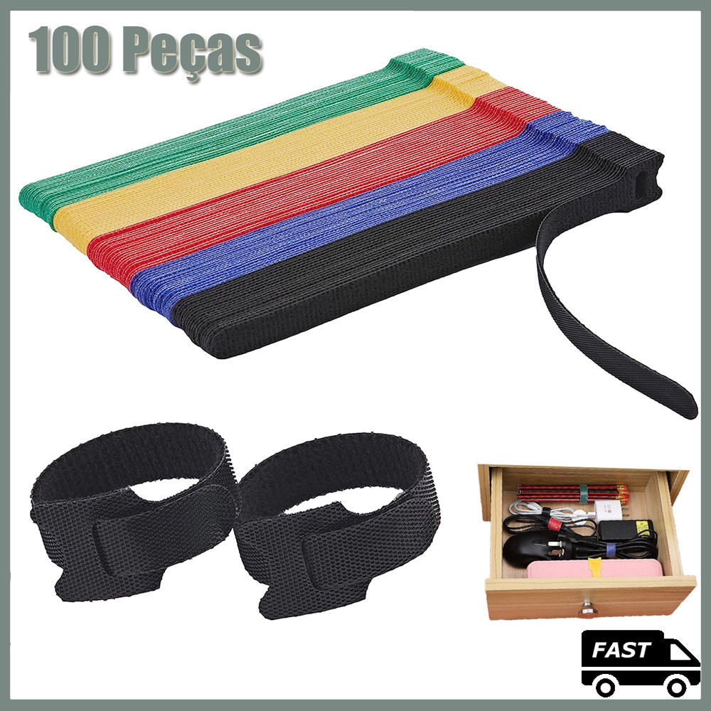 Kit 100 Peças Abraçadeiras Velcro Prendedor de Cabo Fita Organizar Cabos Fios Enrolar Presilha 15cm