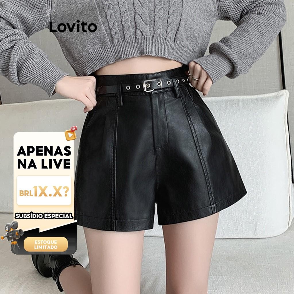(KOL‘s pick) Lovito Shorts Casuais Shorts Lisos Para Mulheres LNE30098 (damasco/preto) - Women Clothes