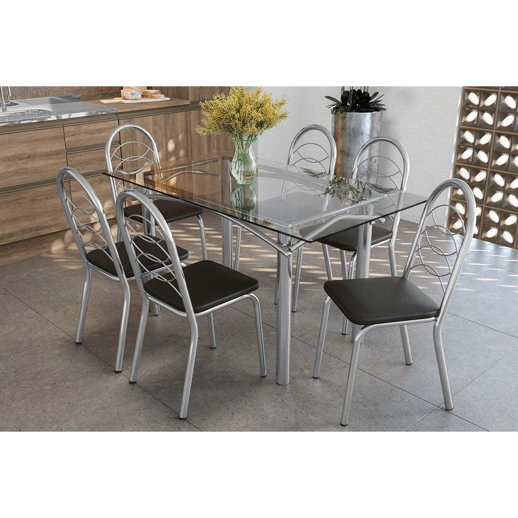 Sala de Jantar Completa Elba c/ Tampo de Vidro 150cm e 6 Cadeiras Holanda Cromada - Courano Preto - Kappesberg