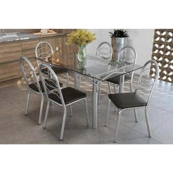 Sala de Jantar Completa Elba c/ Tampo de Vidro 150cm e 6 Cadeiras Holanda Cromada - Courano Preto - Kappesberg