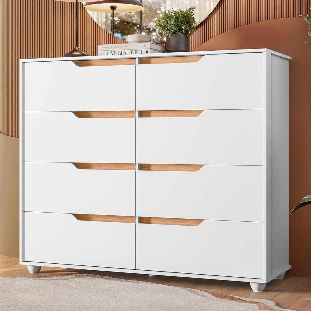 Cômoda Para Quarto 8 Gavetas 136cm Doble Flex Branco/Freijó - Albatroz