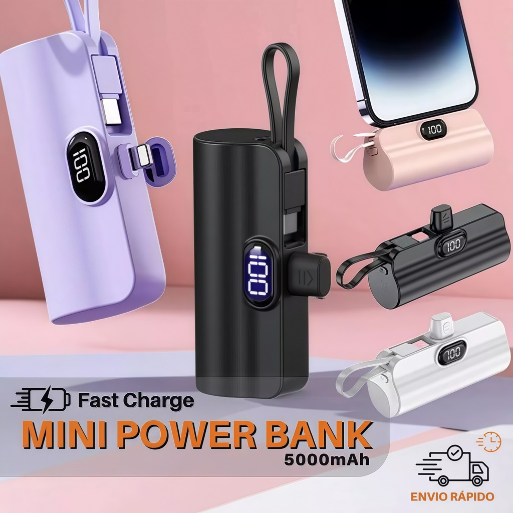 Imagem Carregador Mini Power Bank 5000mAh Bateria Sem Fio 2em1 Carregador Portátil para iPhone e Tipo-C