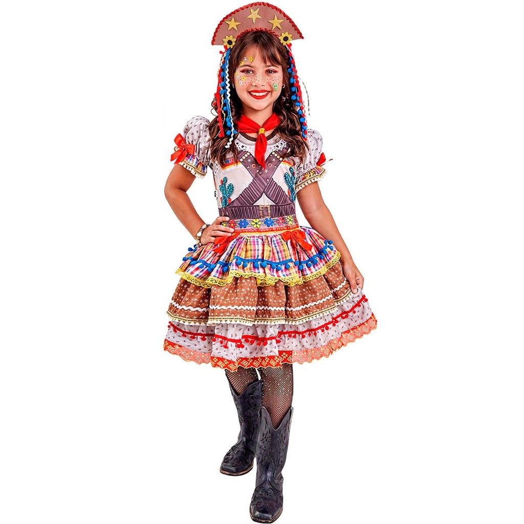 Vestido Maria Bonita Infantil de Festa Junina Luxo Com Saia Rodada
