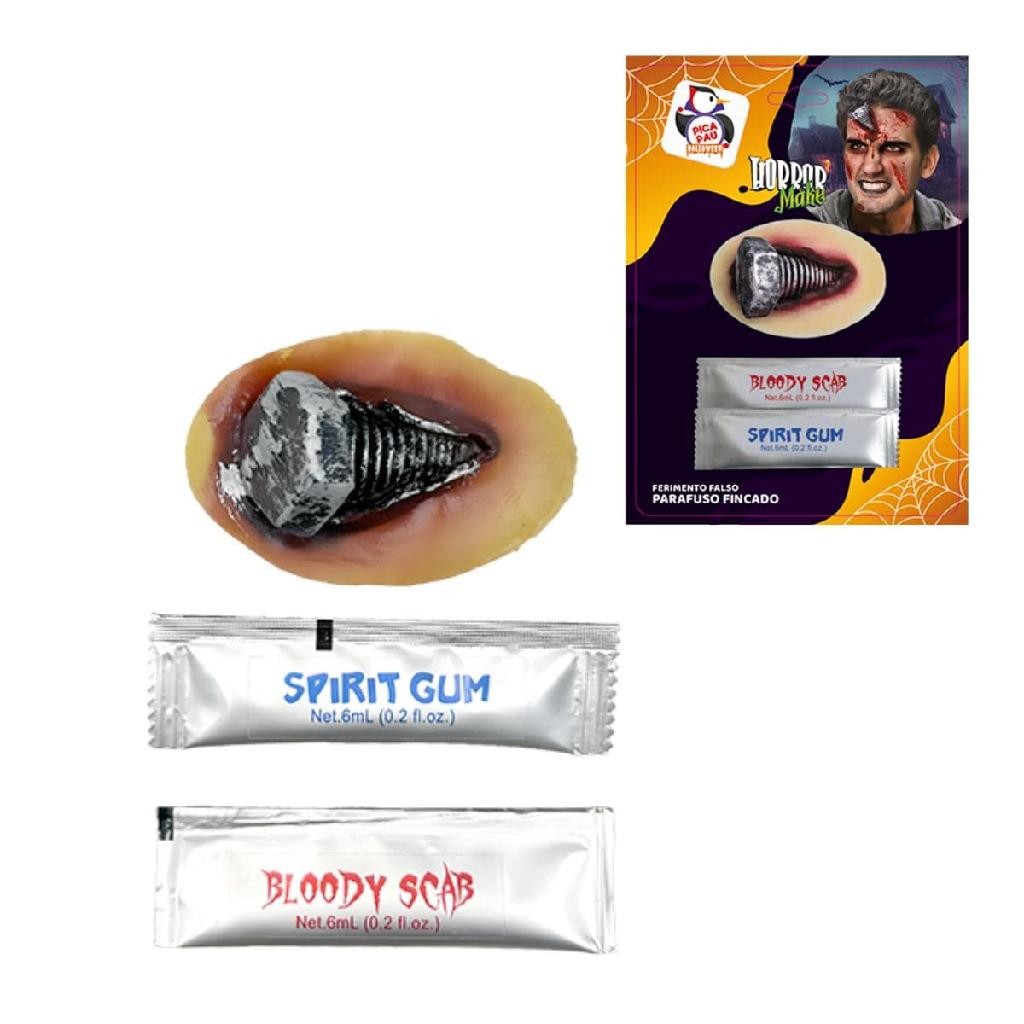 Ferimento Falso Parafuso Fincado com Cola e Sangue Halloween Realista