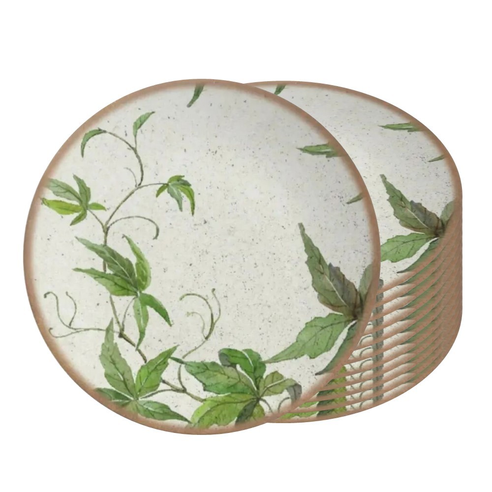 Jogo 12 Pratos de Sobremesa de Cerâmica Off White Coup Tropical Leaves Alleanza 20cm
