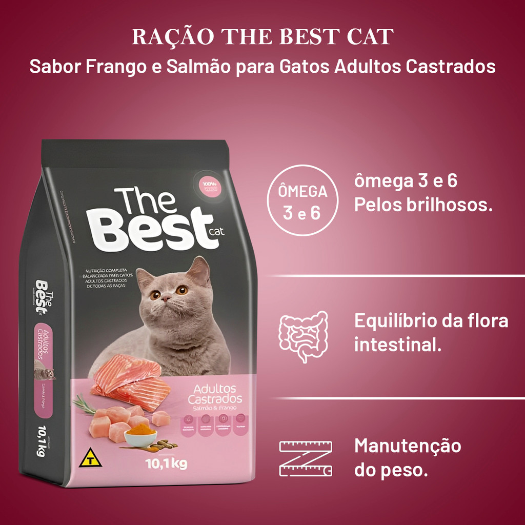 Detalhes do Ração Premium The Best Cat para Gatos Adultos Castrados Sabor Frango e Salmão - 10,1kg