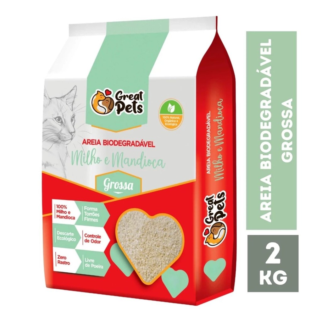 Detalhes do Kit Areia Higiênica Biodegradável Great Pets Gatos 8 Kg (4 pacotes de 2 kg) - Grãos Grossos grosso