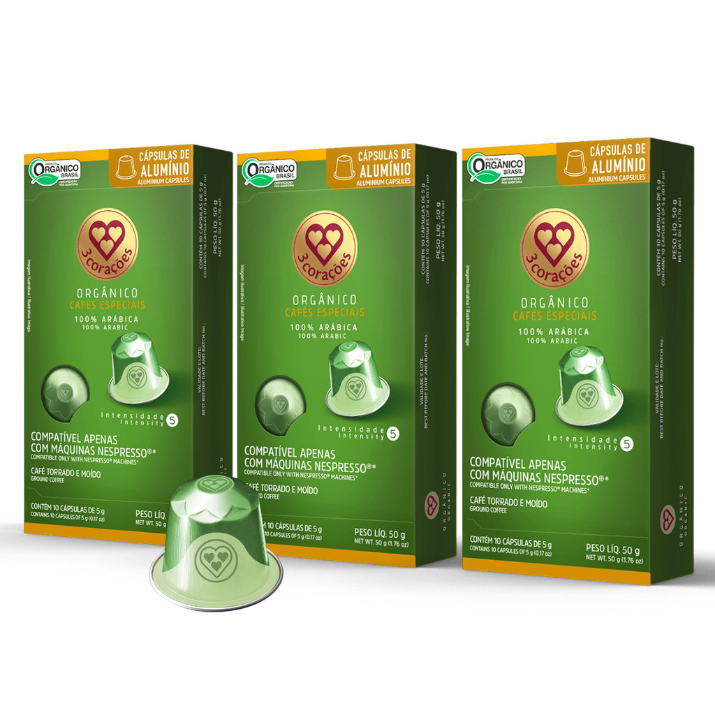 3x Cápsula de Café 3 Corações Nespresso Orgânico 10 Unidades
