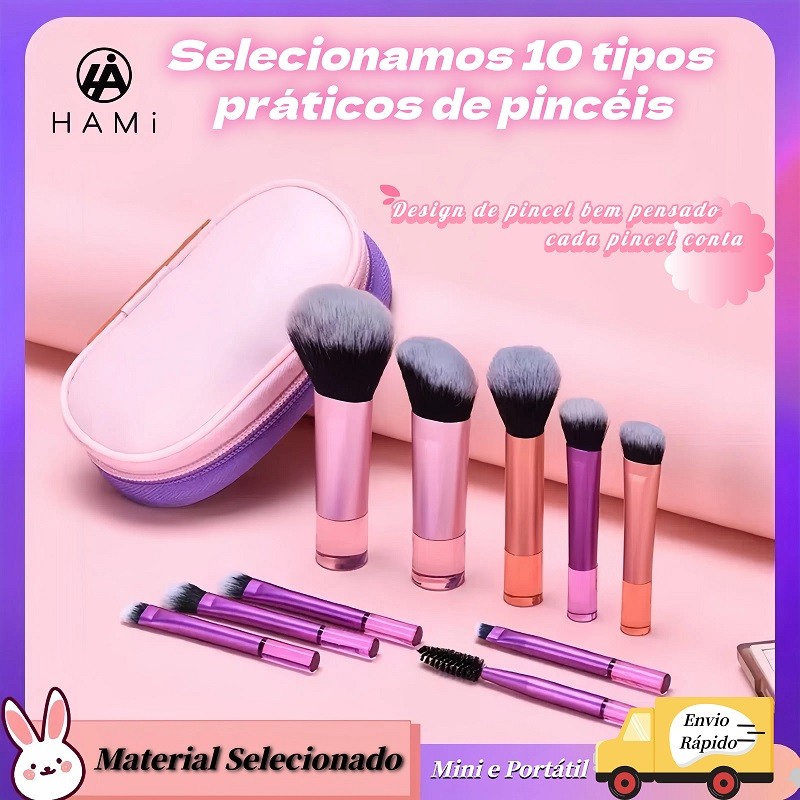 Kit com 10 Pincéis de Maquiagem Portáteis para Viagem com Estojo – Base e Sombra