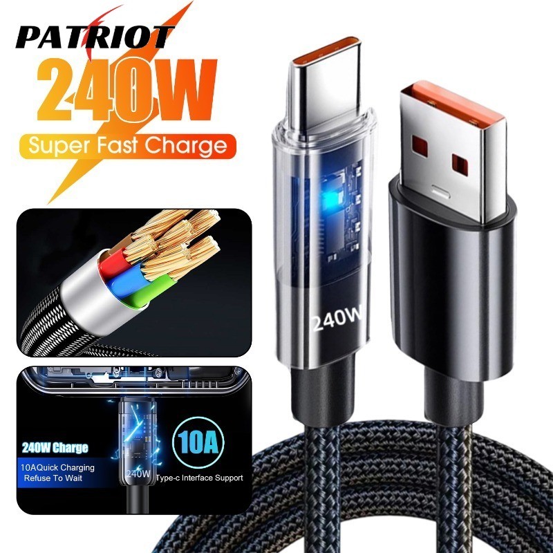 Cabo De Carregamento Super Rápido De 240 W Tipo C Com Luz LED , Opções Duráveis De 0.25/1/1.5/2M Para Smartphones/Tablet