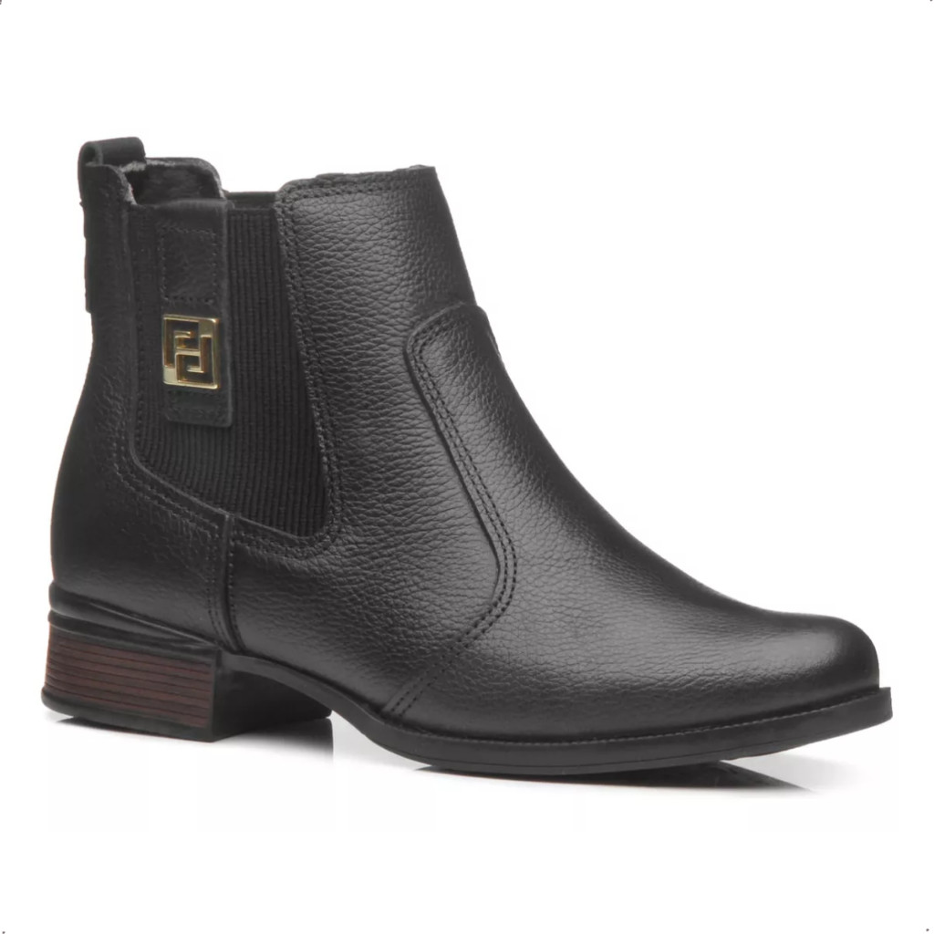 Bota Pegada Chelsea Feminina Coturno Em Couro Legitimo Cano Baixo Preta