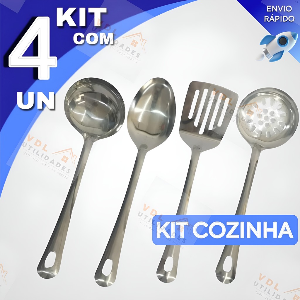 Kit Utensílios Para Cozinha 4 Peças Em Aço Inox Colher De Arroz Escumadeira Concha em Oferta na Shopee