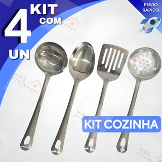Kit Utensílios Para Cozinha 4 Peças Em Aço Inox Colher De Arroz Escumadeira Concha em Oferta na Shopee