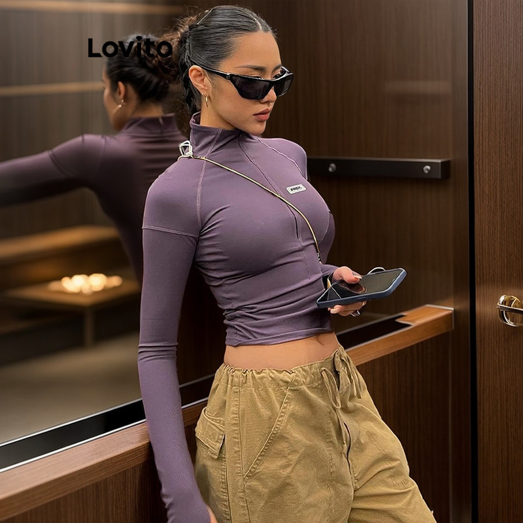 (Trendy) Lovito Camiseta Esportiva Casual Com Estampa Lisa E Zíper Para Mulheres LNL54130 - Sports & Outdoors