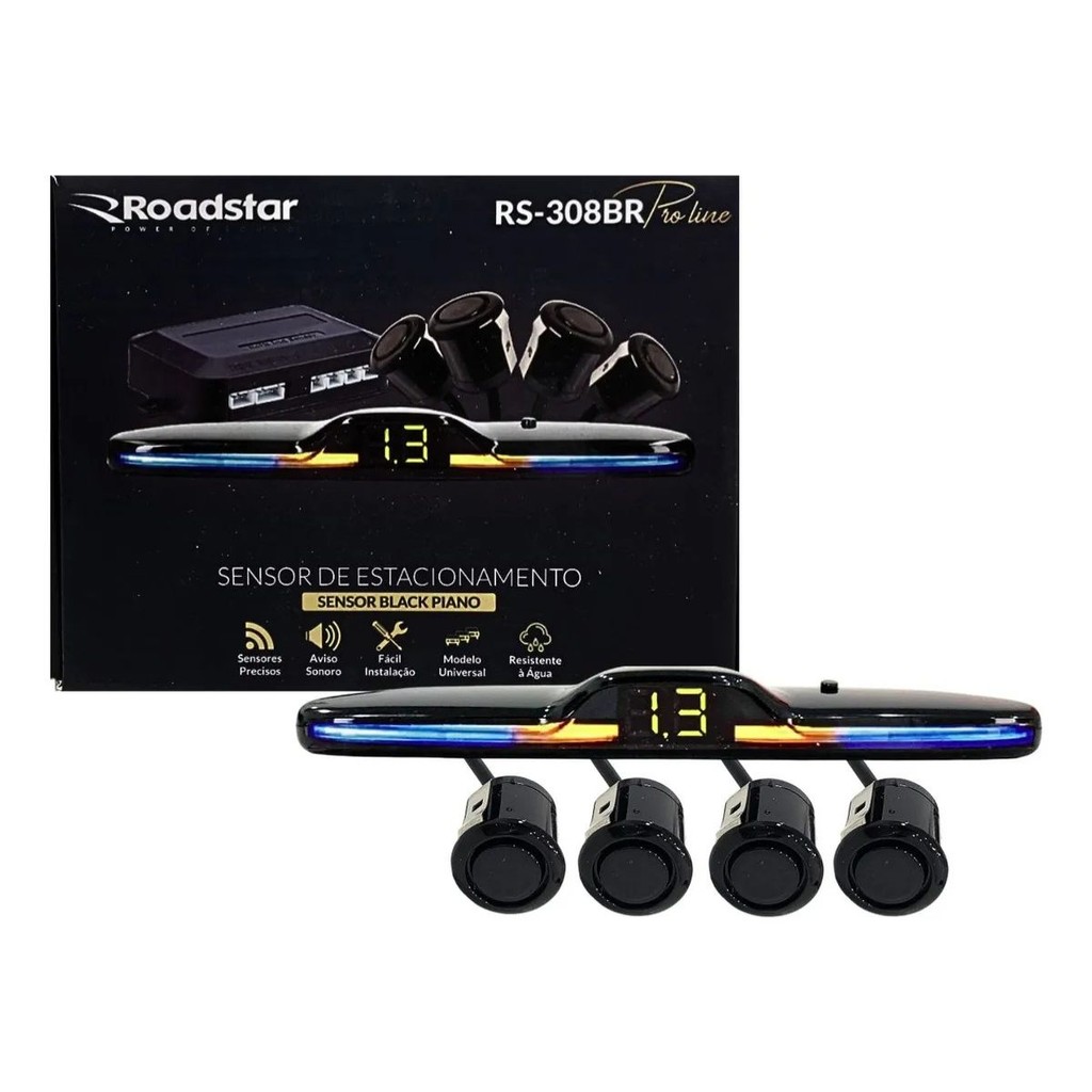 Sensor de Estacionamento Ré 4 Sensores Display Slim Roadstar RS-308BR Pro Line