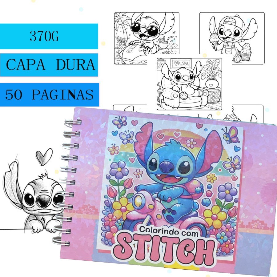 Livro de colorir STITCH Capa dura 50 folhas Versão atualizada 370g