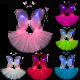 Fantasia Asa Borboleta Fada Luz Led Pisca Uso Adulto e Infantil Varinha + Tiara + Saia Festa Carnaval