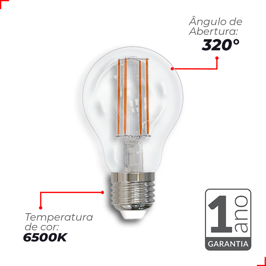 Detalhes do Kit 3 Lampada Led Pera Filamento Clear 9W 6500K E27 Deluxe