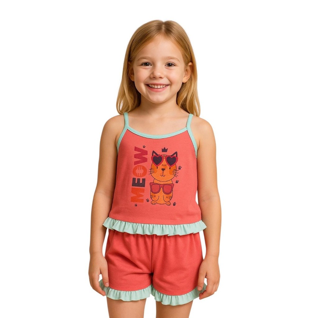 Pijama Baby Doll Infantil Menina Verão Alcinha Babadinho De Malha Barato Estampa Sortida