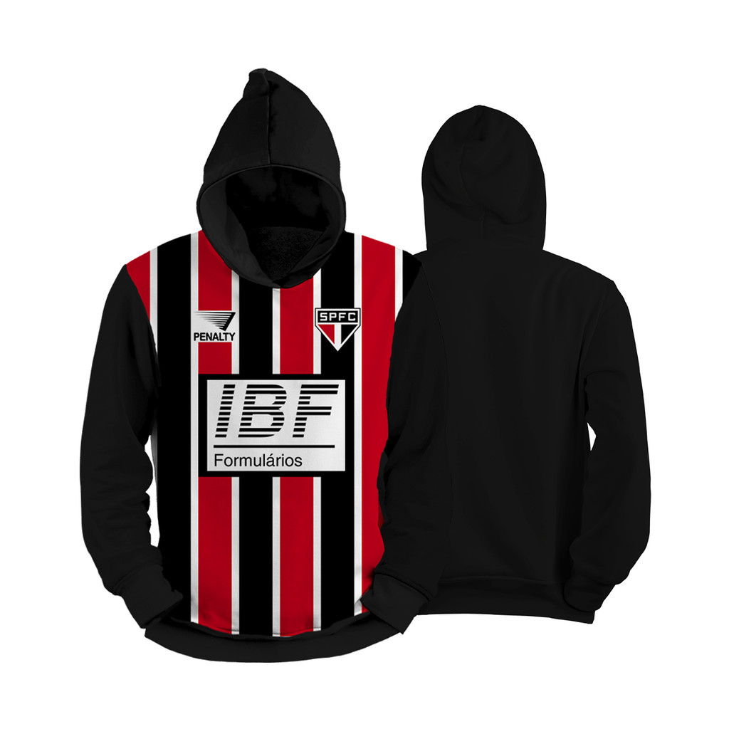 Moletom Estampa Time Futebol Branco Preto Vermelho Full Capuz Fechado Tecido Algodão Blusa de Frio