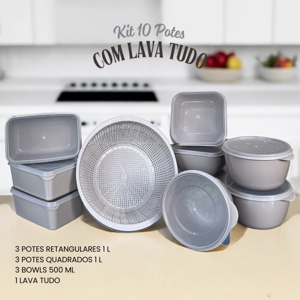 Kit 10 Potes Lava Tudo 3 Bowl 500ml, 3 Quadrado 1L e 3 Retangular 1L Utilidade Doméstica Areia