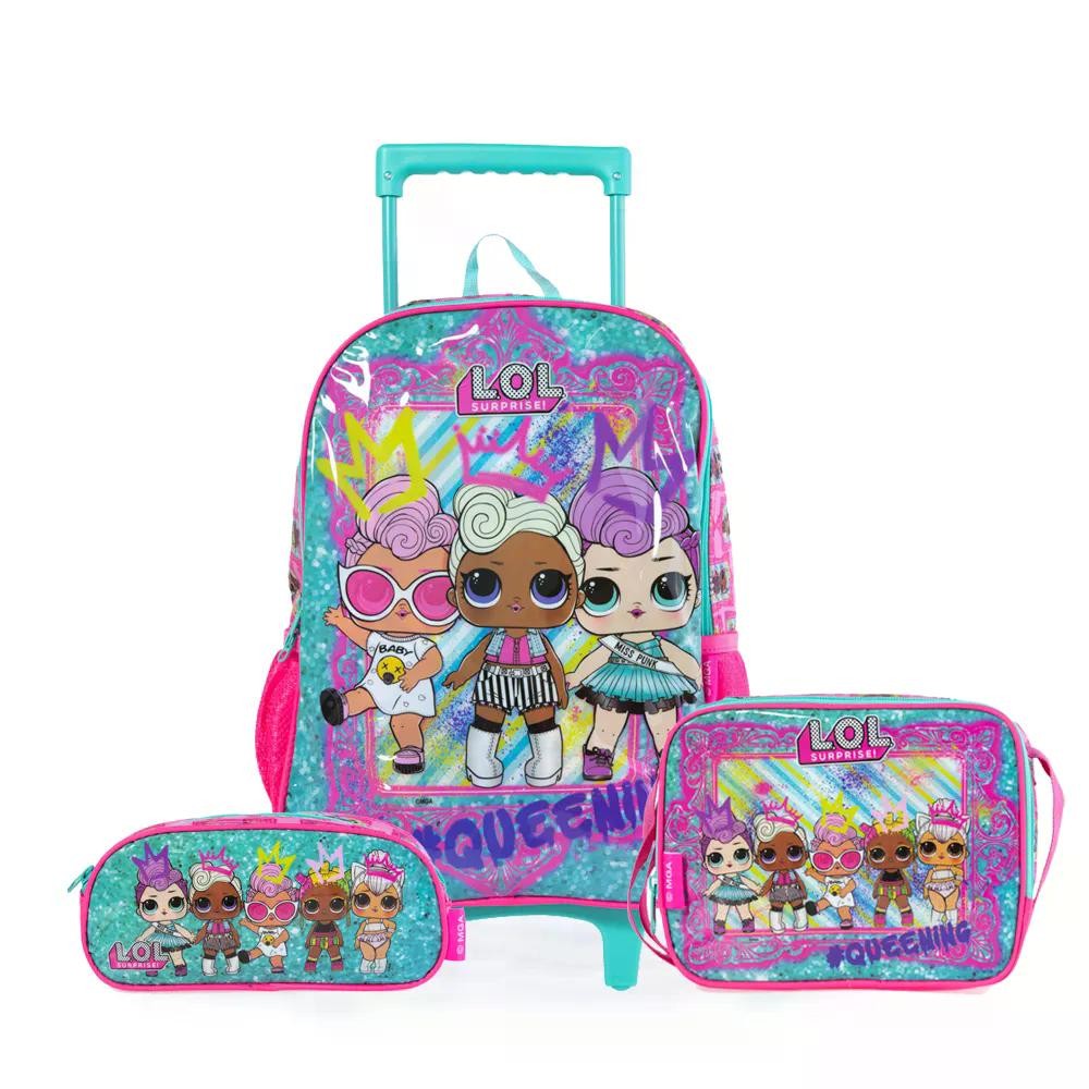 Kit Mochila Rodinhas + Lancheira + Estojo LOL Rosa