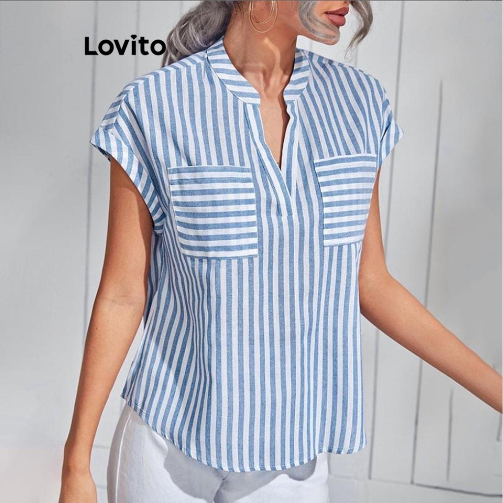 Lovito Blusa casual listrada com bolso para mulheres LNL83194 - Women Clothes