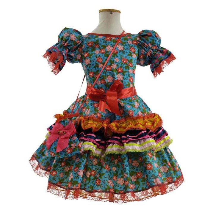 Vestido Infantil de Festa Junina Luxo pra Menina Florido Rodado Com Armação Embutida na Saia e Bolsinha