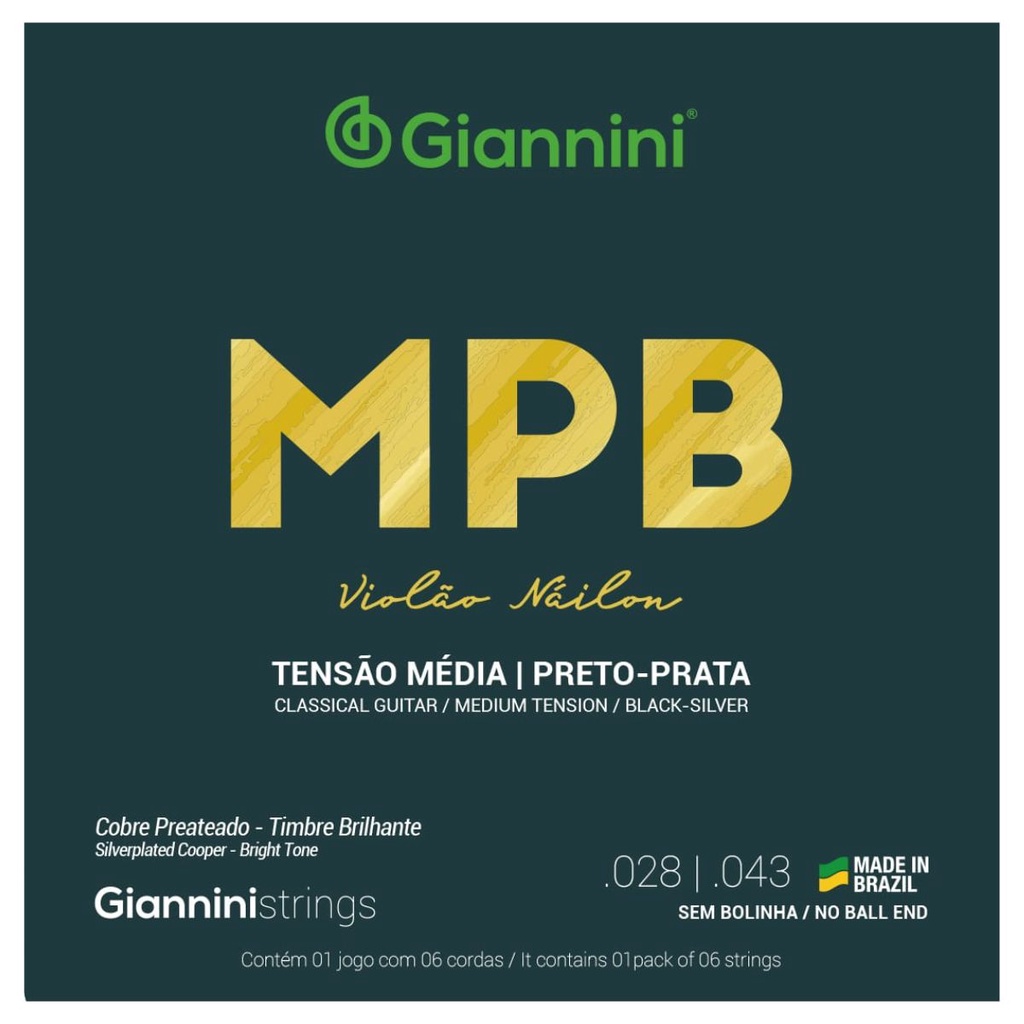 Encordoamento Violão Giannini MPB GENWBS Nylon Preto-Prata Média