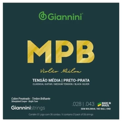 Kit 3 Encordoamento Violão Giannini MPB GENWBS Nylon Preto-Prata Média