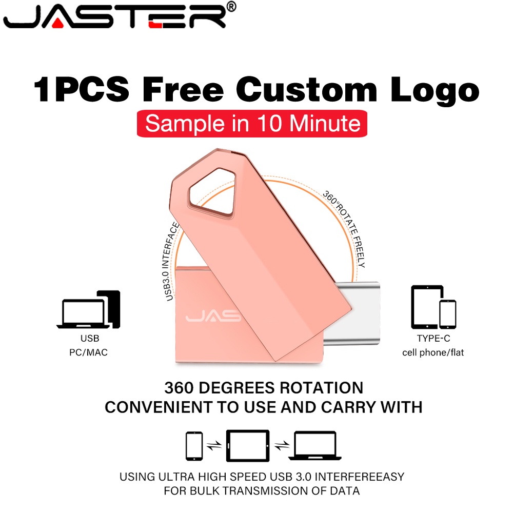 JASTER TYPE-C USB Flash Drives 128GB 2 Em 1 Pendrive 64GB Chaveiro Grátis Pen Drive 32GB Mini Memory Stick 16GB Logotipo