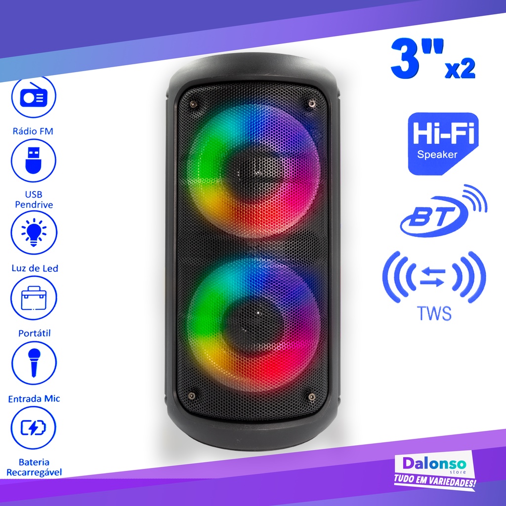 Caixa de Som Bluetooth Amplificada Grave Potente PartyBox Wireless Subwoofer Led RGB