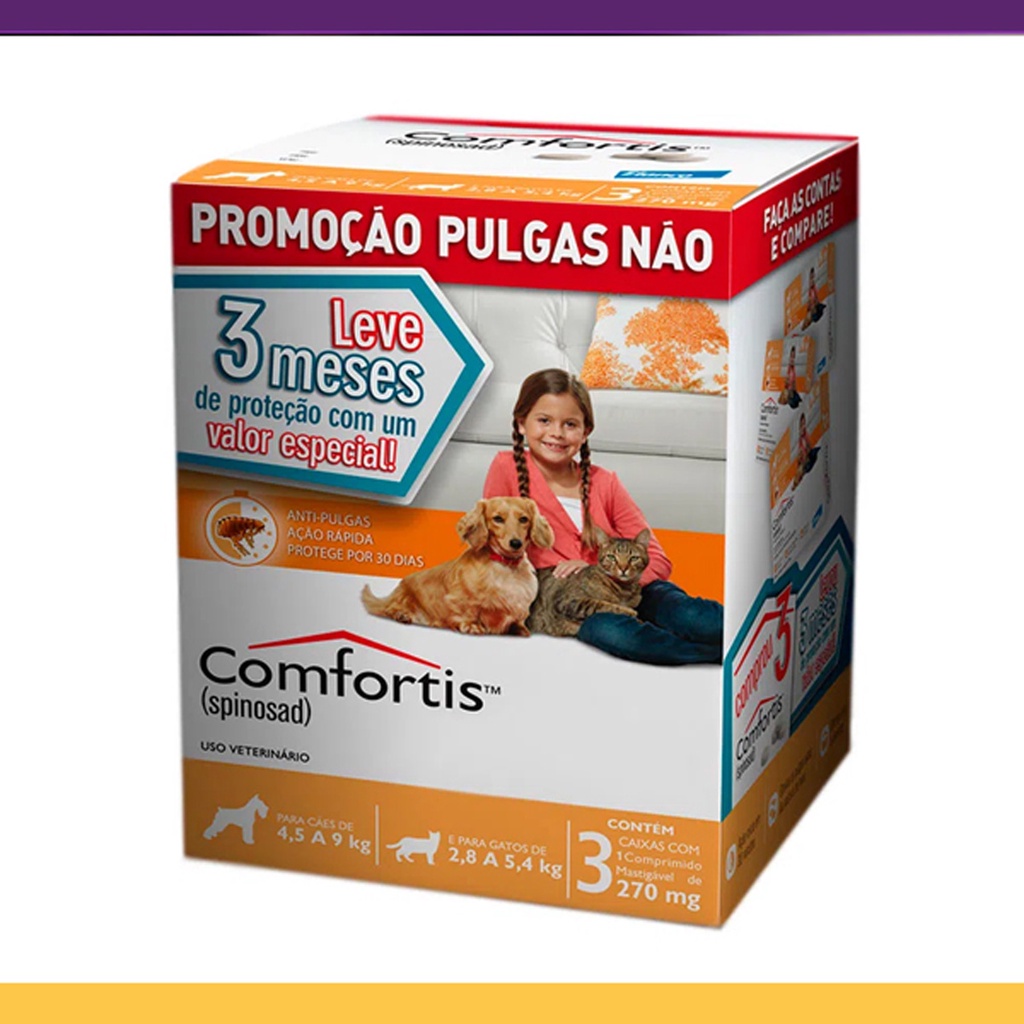 Comfortis Elanco 270 mg para Cães de 4,5 a 9 Kg e Gatos de 2,8 a 5,4 Kg - 3 Comprimidos - Pets