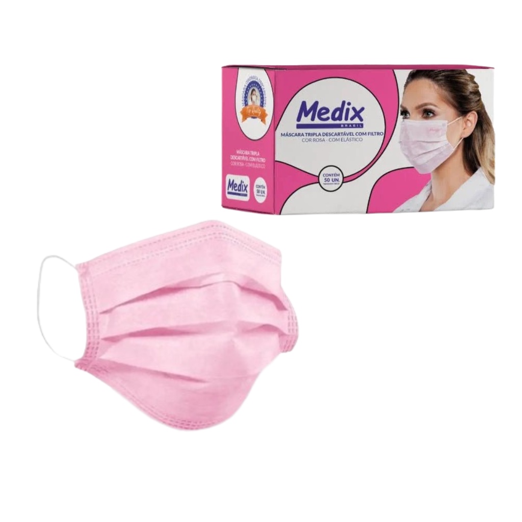 Máscara Tripla Descartável Com Filtro (BFE) Rosa - Caixa 50 un.