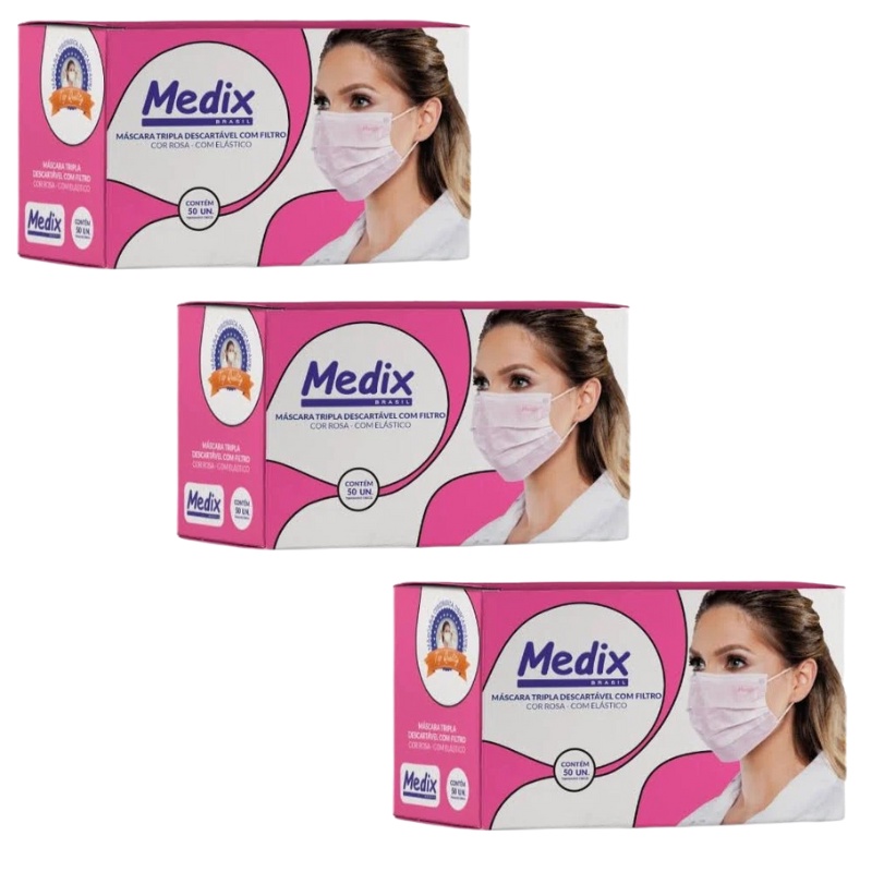 Kit com 3 Máscaras Rosa  Com Filtro (BFE) Tripla Descartável - Caixa 50 un. em Oferta na Shopee