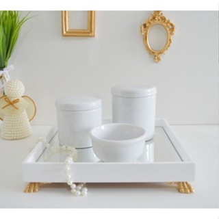 Kit Higiene Porcelanas Bebê K152 Moderno Resina Dourada Bandeja Espelho Quarto Promoção