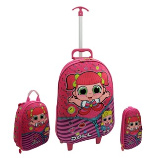 Kit Mochila de Costas Escolar infantil juvenil Rodinha Lancheira e Estojo Menina Boneca Doll